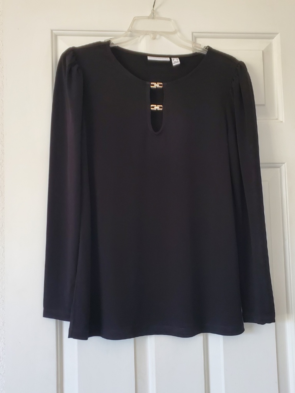 Susan Graver Black Rhinestone Accents Dressy Long Sleeve Top  XS/S